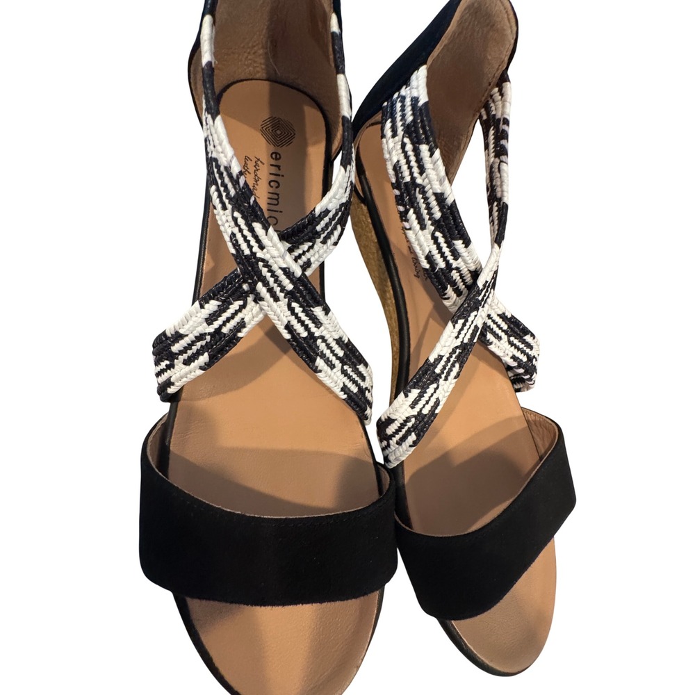 Eric Michael Black White Woven Espadrille Wedge Sandals Made in Spain Size 40